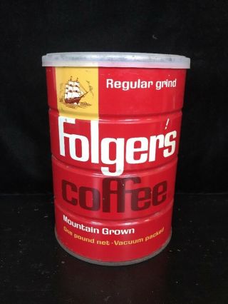 Vintage Retro Folger ' s Coffee Can Tin 16 OZ Regular Grind 1 LB Mountain Grown 6