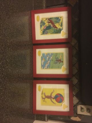 Rare Collectible 3 Curious George Prints Red Frames Kids Decor Pictures Wall Art