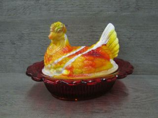 Unbranded Glass Hen Candy Dish Orange And Red
