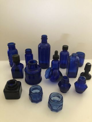 Vintage 16 Cobalt Blue Bottles Etc Medicine And Ink Stopper