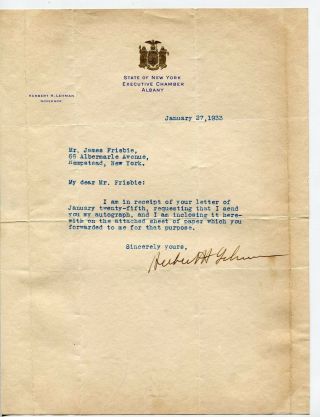 1933 Autograph Letter Signed By Herbert H.  Lehman Governor Of York Fd3629