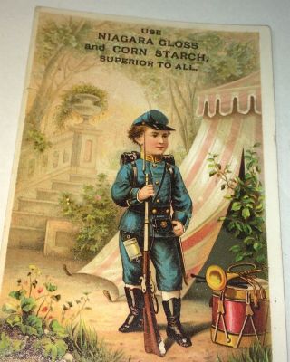 Antique Victorian American Civil War Soldier Starch Advertising Trade Card Gun