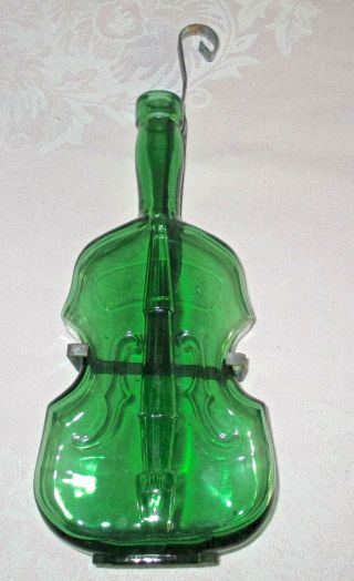 Vtg Emerald Green Glass Cello Violin Vase Bottle 10 " Metal Wall Hanger Japan