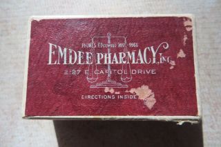 Emdee Pharmacy Inc.  1946 Dated Hinged Cardboard Pill Box Dr.  Jekel