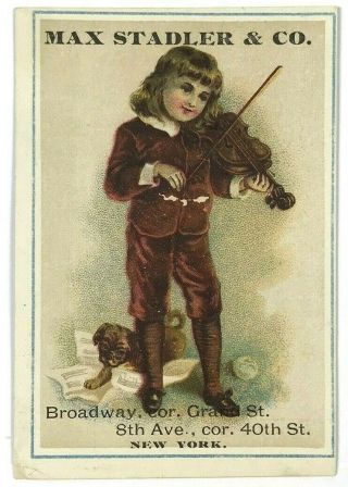 Max Stadler & Co 8th Ave Ny York Boy Violin Puppy Pug Victorian Trade Card