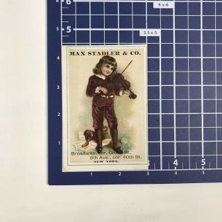Max Stadler & Co 8th Ave NY York Boy Violin Puppy Pug Victorian Trade Card 3