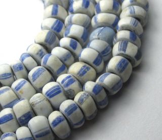 11 " Strand Of Rare Old Small White Striped W/blue Core Antique Beads