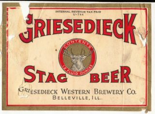 Griesedieck Stag Beer Label U Permit Irtp Western Brewery Belleville Il 1930s