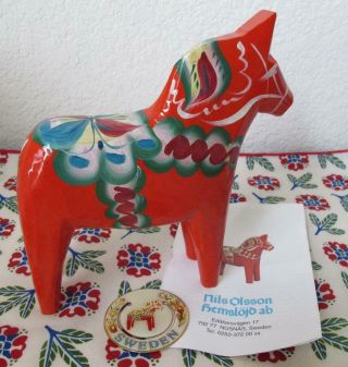 Vintage Swedish Dala Horse 7 " Nils Olsson Wooden Red Hand Painted Carved W Label