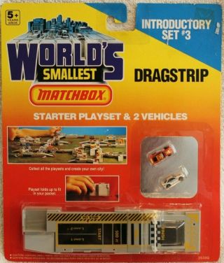 Matchbox Worlds Smallest Dragstrip Playset & 2 Cars Very Rare Set 3 Nmip 35380