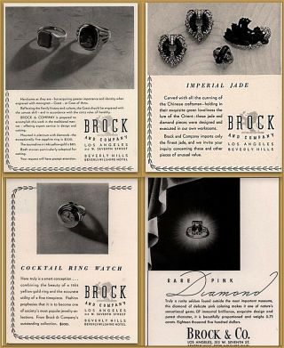 4 1936 Print Ads Brock Jewelry Los Angeles Jade Pink Diamond Tourmaline