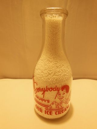 Vintage 1948 Round Quart Milk Bottle Maple City Dairy Monmouth,  Ill Red Pyro