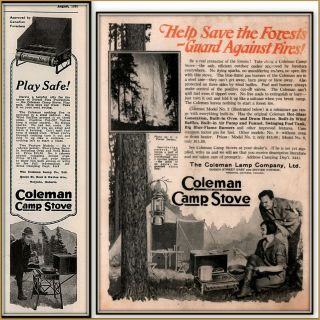 2 1924 25 Ads Coleman Camp Stove Camping Equipment Couple Forest Fire