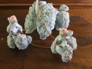 Vintage Poodle Mom and 2 pups with chains Baby blue,  hats,  spaghetti trim. 5