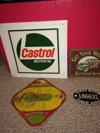 4 Vintage Metal Castrol Oil,  Woody,  Motor Race Game,  Family Coach Assoc.  Signs
