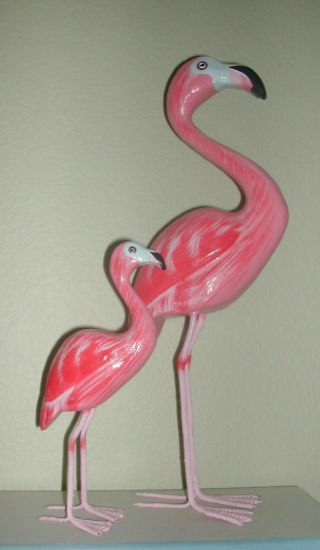 Hand Carved & Painted Florida Pink.  Flamingos Mother & Baby