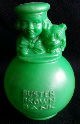 Green Vintage Buster Brown Plastic Bank,  Rare