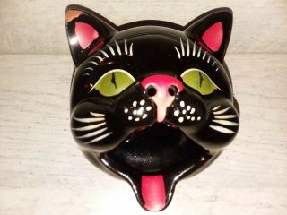 Vintage Shafford Japan Black Cat Head Ashtray Redware Incense Burner Cat Mouth