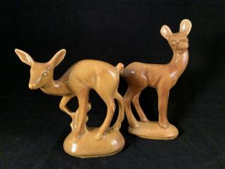 Vintage Pair Brown Ceramic Pottery Deer Doe Fawn Figurines