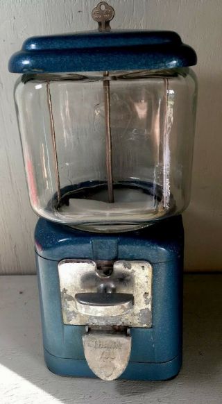 Vintage 40’s 50’s Oak Acorn 5 Cent Blue Gumball Machine Coin Operated.  W/ 