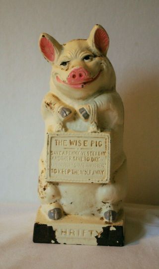 1930’s Cast Iron Jmr Hubley Piggy Bank Thrifty The Wise Pig Paint
