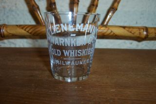 Pre Prohibition Etched Shot Glass Lienemann Warnken Co.  Old Whiskies Milwaukee