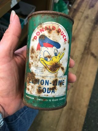 Vintage Disney Donald Duck 12 Oz.  Steel Flat Top Soda Can Lemon - Lime