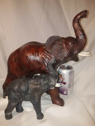 2 Vtg Large Black Leather African Elephant Mother Baby Figurine Sculpture To