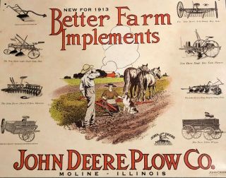 John Deere Plow " Better Farm Implement " Rear 1913 Metal Tin Sign