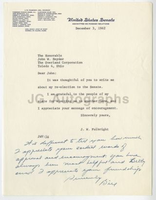Senator James W.  Fulbright Signed 1962 Letter To Frm Sec Of Treasury Snyder