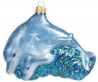 Dolphin Mother With Calf Polish Mouth Blown Glass Christmas Ornament Decoration