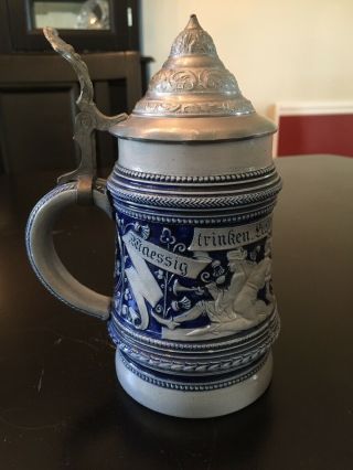 Antique German Salt Glaze Stoneware Lidded Beer Stein Cobalt Blue