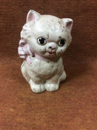 Vintage 1930’s Hubley Cast Iron Kitten With Pink Ribbon Still Bank.  Great Cond.