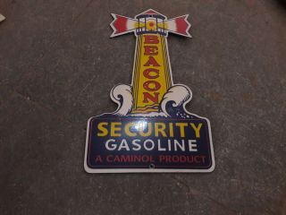 Porcelain Beacon Security Gasoline Enamel Sign Size 12 " X 8.  5 " Inches