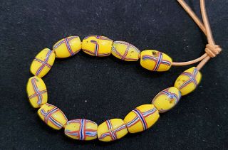 (12) Antique Trade Beads - Yellow French Cross - Bodoum - Red White Blue Crossed Lines