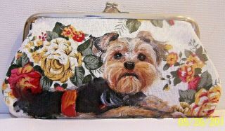 Hand Painted Yorkie Dog On Canvas Kiss Lock Eyeglass Case Or Makeup Bag Gift