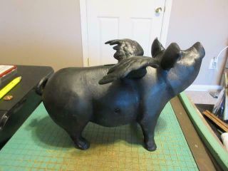 Vintage 13 " Heavy Cast Iron Flying Pig Bank - When Pigs Can Fly