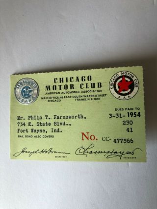 Chicago Motor Club 1954 Membership Card/philo T.  Farnsworth,  Inventor