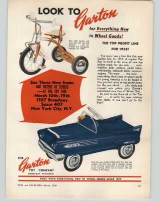 1958 Paper Ad Garton Toy Company Pedal Car Mark Ix