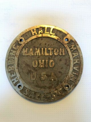 Antique Herring Hall Marvin safe builder ' s plate Hamilton,  Ohio 2