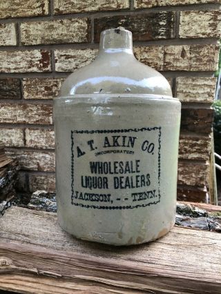 Rare A.  T.  Akin Advertising Whiskey Jug Jackson Tennessee Bottle Crock Stoneware