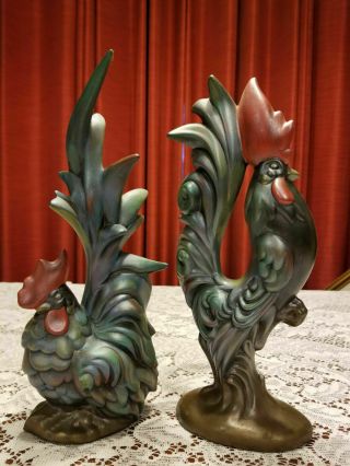 Rooster & Chicken Hen 12 " Figurine Vintage Chalkware Hand Painted Statues