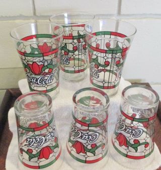 Set Of 6 Vtg Christmas Stained Glass Art Deco Coca Cola Coke Collectible Glasses