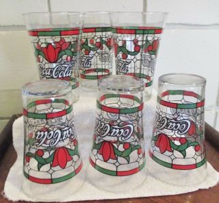 Set of 6 Vtg Christmas Stained Glass Art Deco Coca Cola Coke Collectible Glasses 5