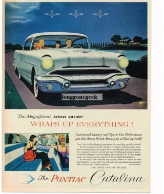 1956 Pontiac Custom Catalina Driving At Night Art Vtg Car Print Ad