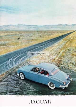 1960 Jaguar 3.  8 Blue Luxury Sports Sedan Driving On Lonely Highway Vtg Print Ad