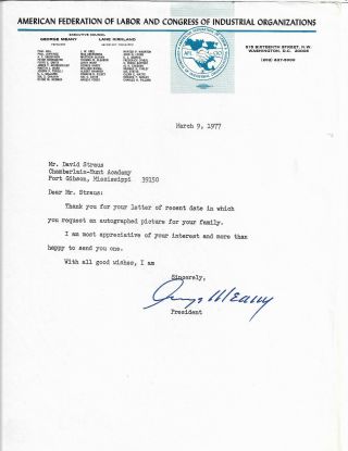 George Meany - Hand Signed Letter On Afl - Cio Letterhead/icon Of 20th Ce