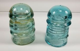 2 Vintage Brookfield York Glass Insulators Light Blue Aqua Rare