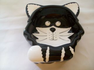 Vintage Cat Food / Water Bowl Ceramic Head Shaped Black & White Rare