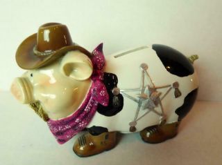 Cowboy Texas Piggy Bank Pig Tales Ceramic In Boots Hat Sheriff Star With Plug
